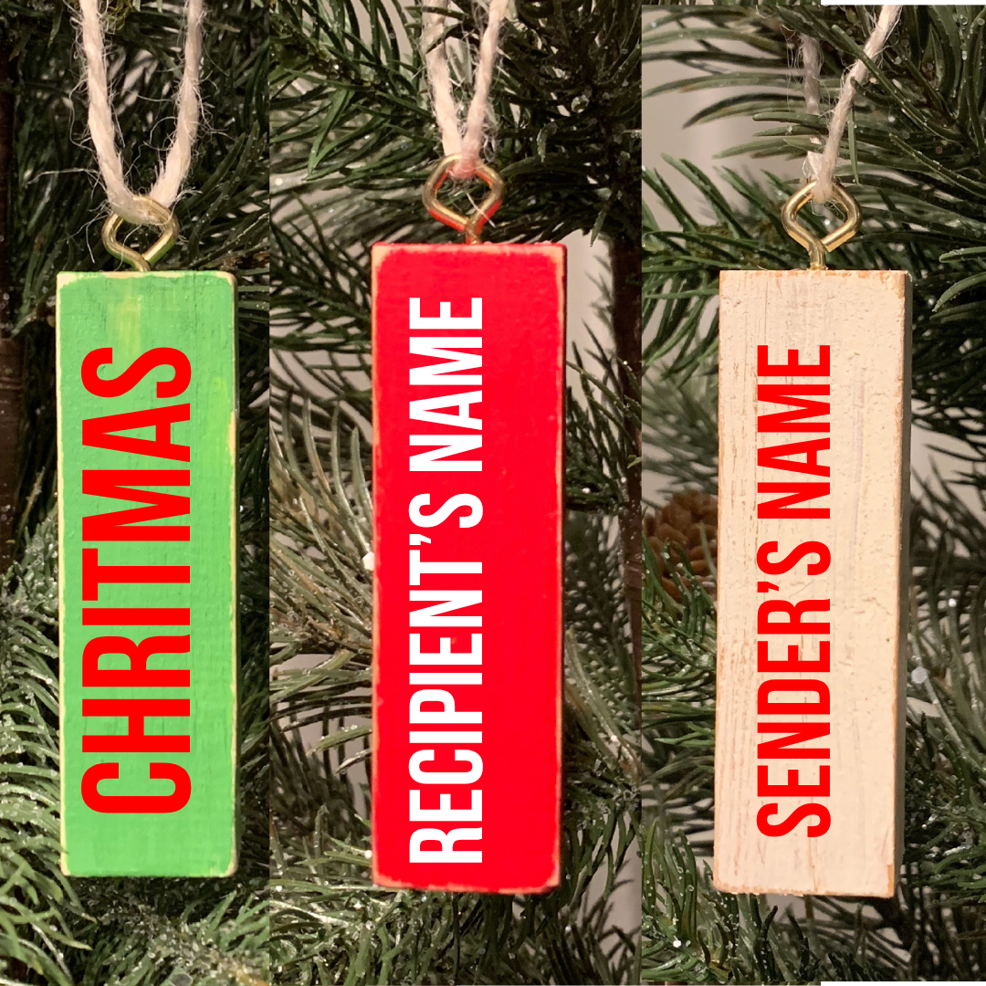 personalized wooden block Christmas ornament with double-sided recipient and sender names, custom holiday gift