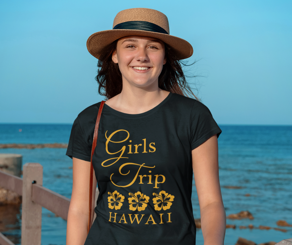 A young Teenager wearing a personalized "Girls Trip" t-shirts on vacation