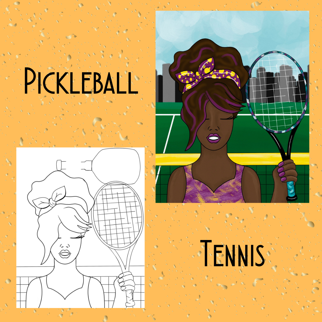 A woman on a tennis/pickleball court holding a racquet with a purple headband