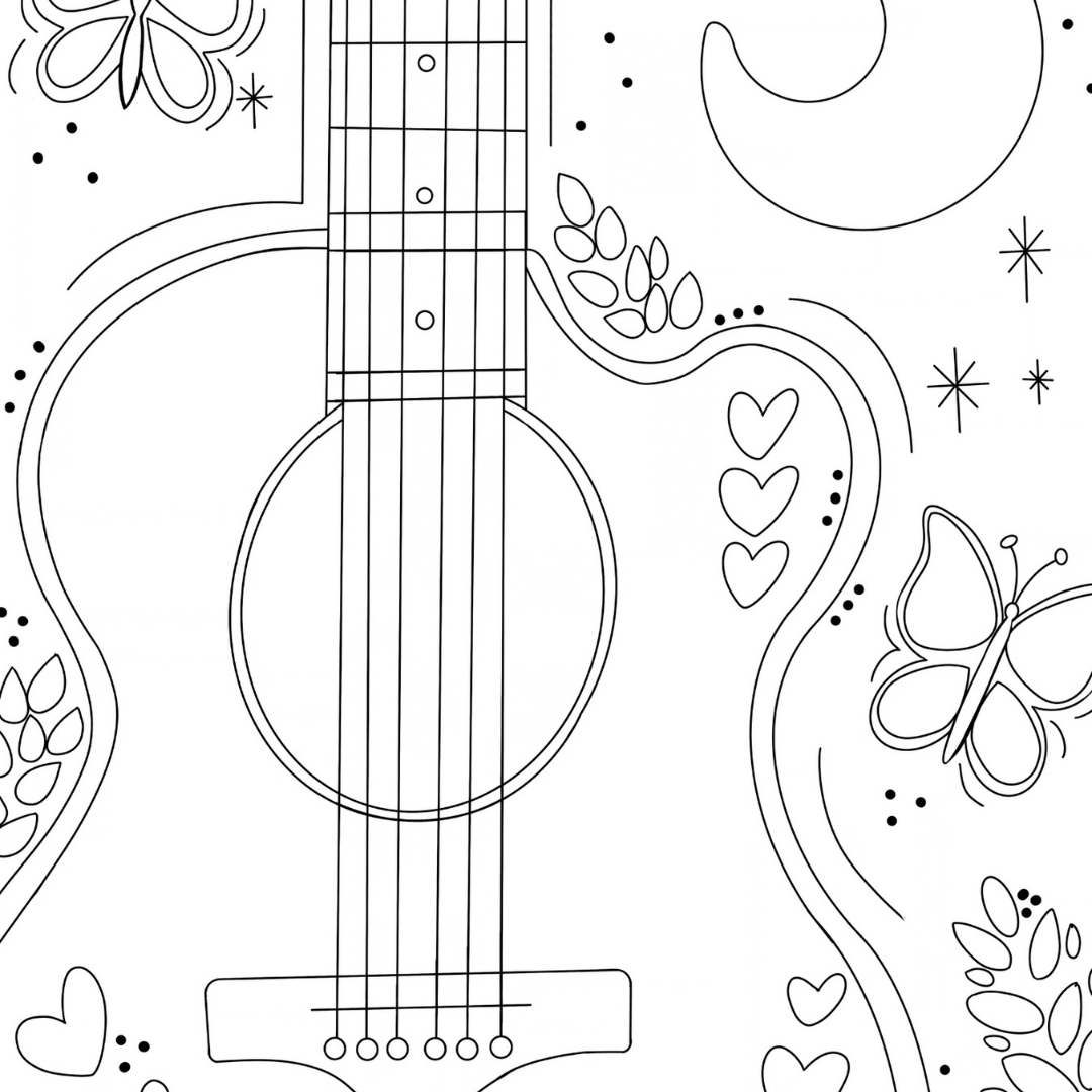 Outlined canvas tracer for the Pink Guitar DIY paint kit with butterflies, hearts, moon, stars and leafy details
