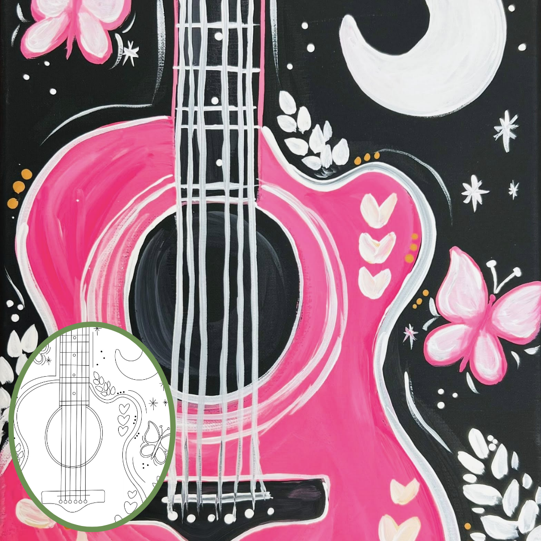 Pink Guitar DIY paint kit with butterflies, hearts, crescent moon, stars and an outlined canvas tracer