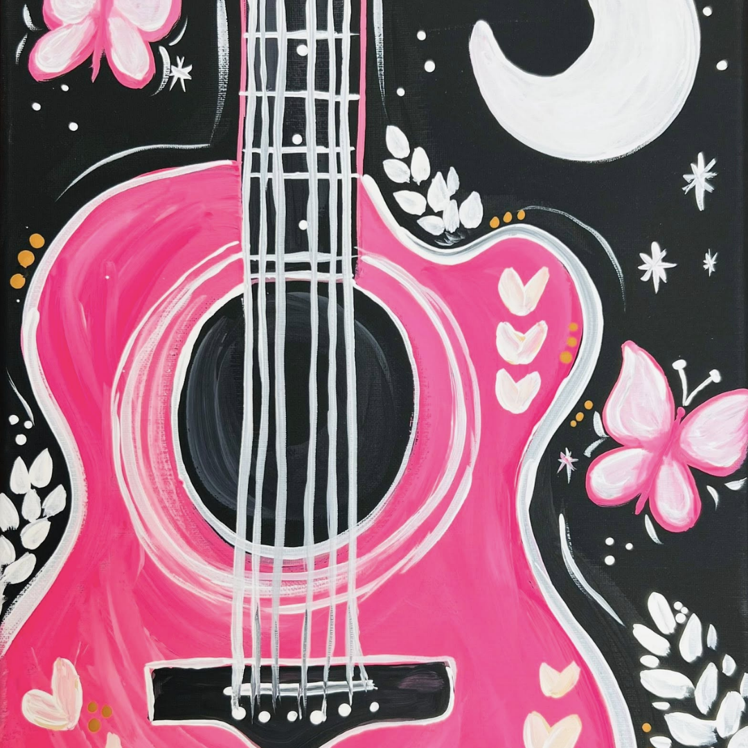Finished pink acoustic guitar canvas painting with butterflies, hearts, crescent moon and stars on a black background