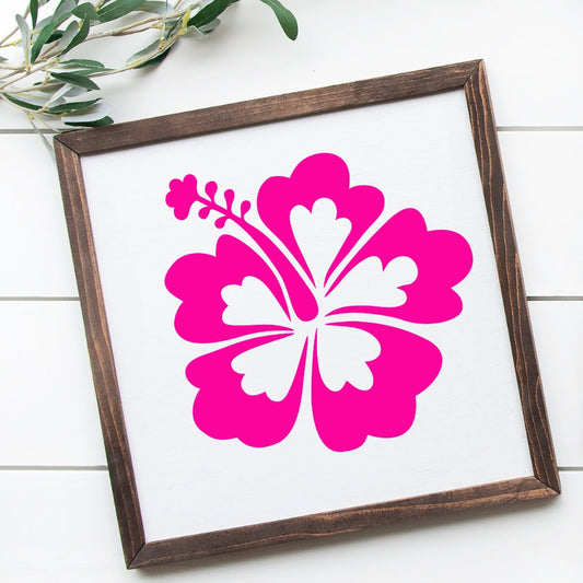 Rustic Hawaiian hibiscus wood sign with pink flower on a white background.