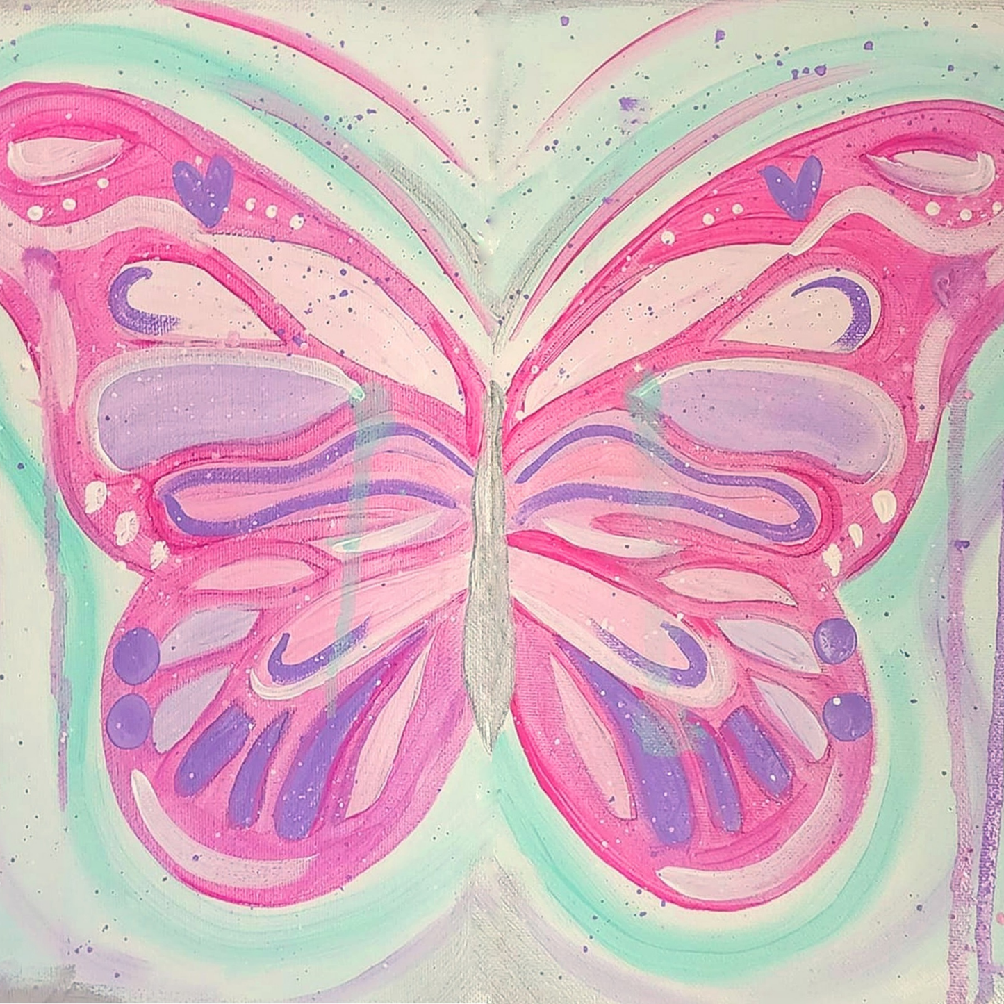 A symmetrical painting of a large pink and purple butterfly with heart details on a light teal background.