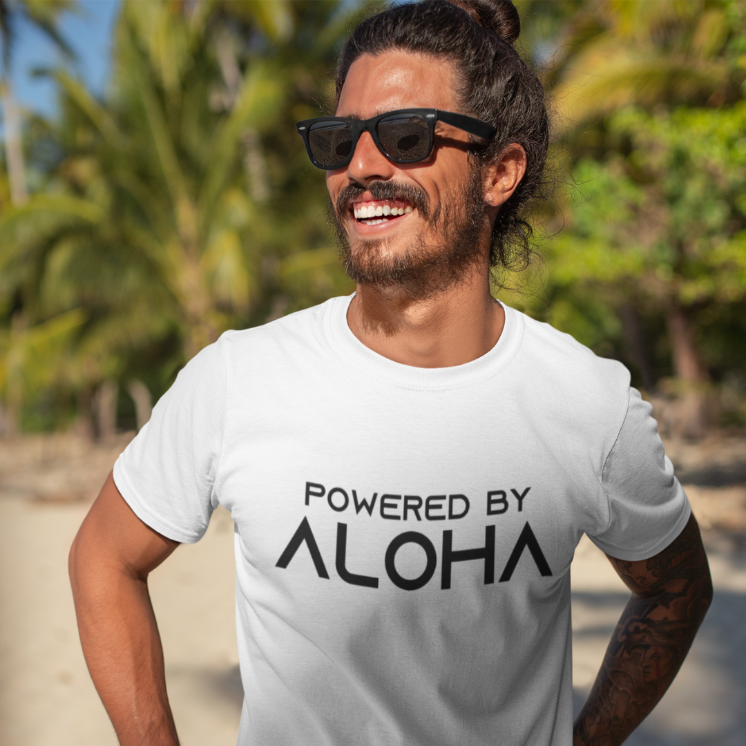 POWERED BY ALOHA Men’s T-Shirt in white with a vibrant Hawaiian text design, island style inspirational tee.