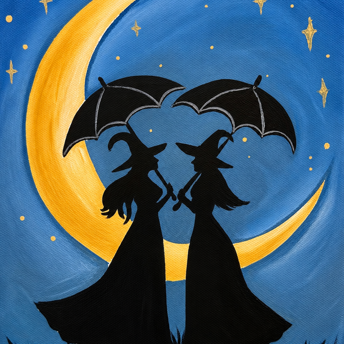 Practical Magic Witches of Halloween DIY paint kit, two witch silhouettes with umbrellas under a crescent moon and starry blue sky