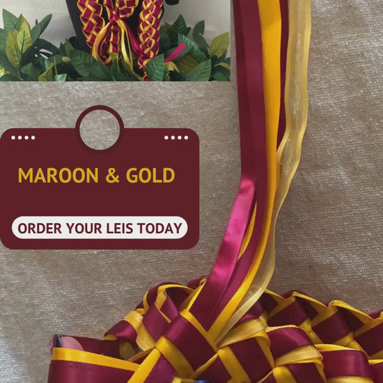 Custom Graduation Money Lei with rolled bills, vibrant ribbons, and graduation-themed decorations. Order now! Don't wait!
