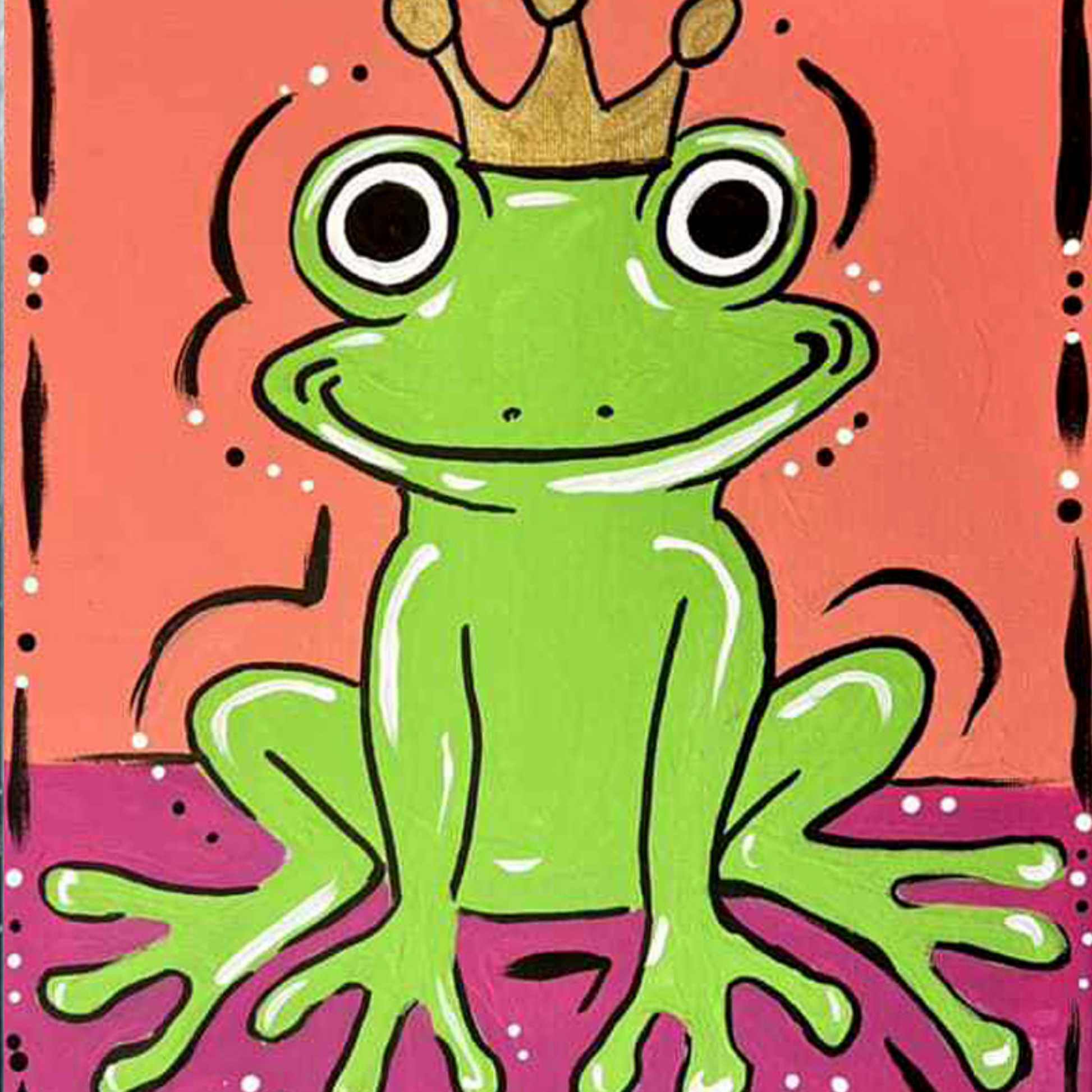 A smiling green frog wearing a gold crown, sitting on a pink surface against a coral background.