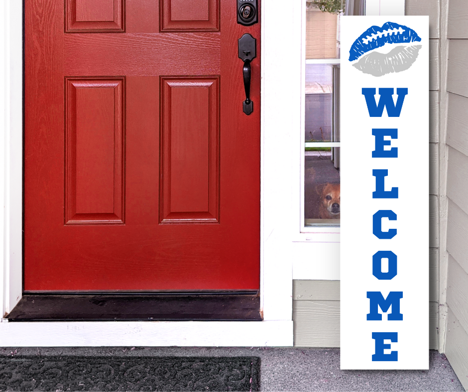 Personalized game day porch sign featuring a blue and silver  lip-themed football design and white vertical welcome text.