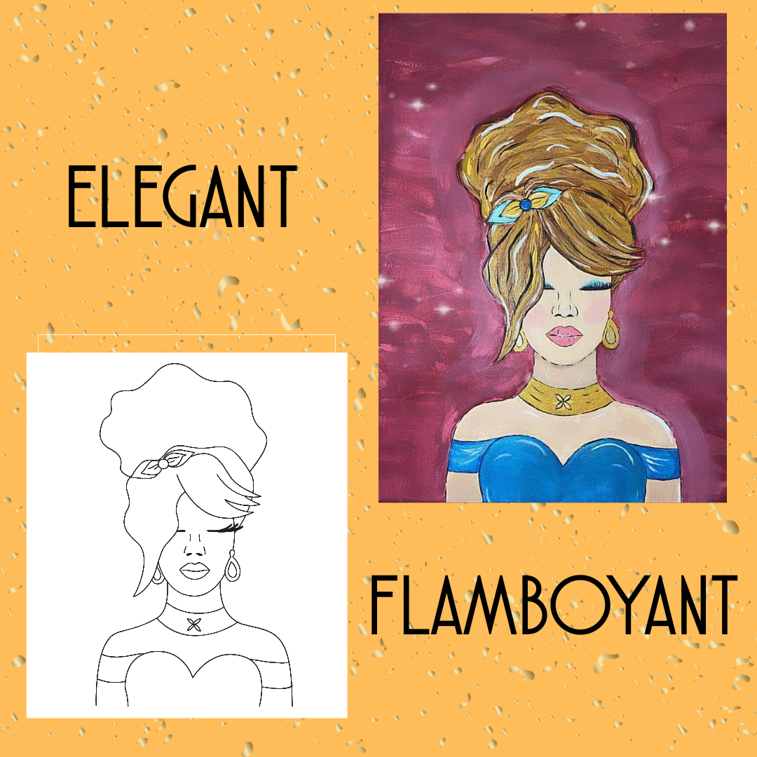 A woman in a blue gown with a gold choker and updo against a purple background