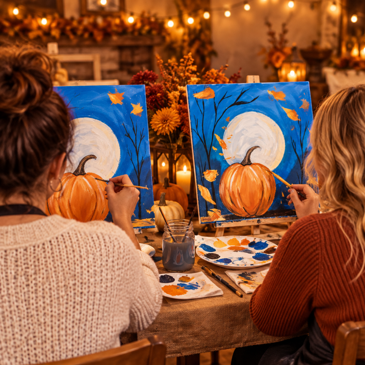 Pumpkin and Moon Fall DIY Paint Kit paint party, two women painting harvest moon and pumpkin canvases on easels