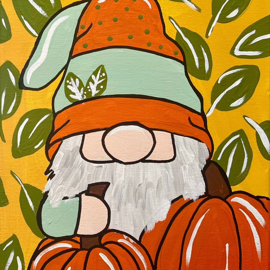 Pumpkin Gnome Fall DIY Paint Kit, cute gnome with polka-dot hat, orange pumpkins and fall leaves on golden background.