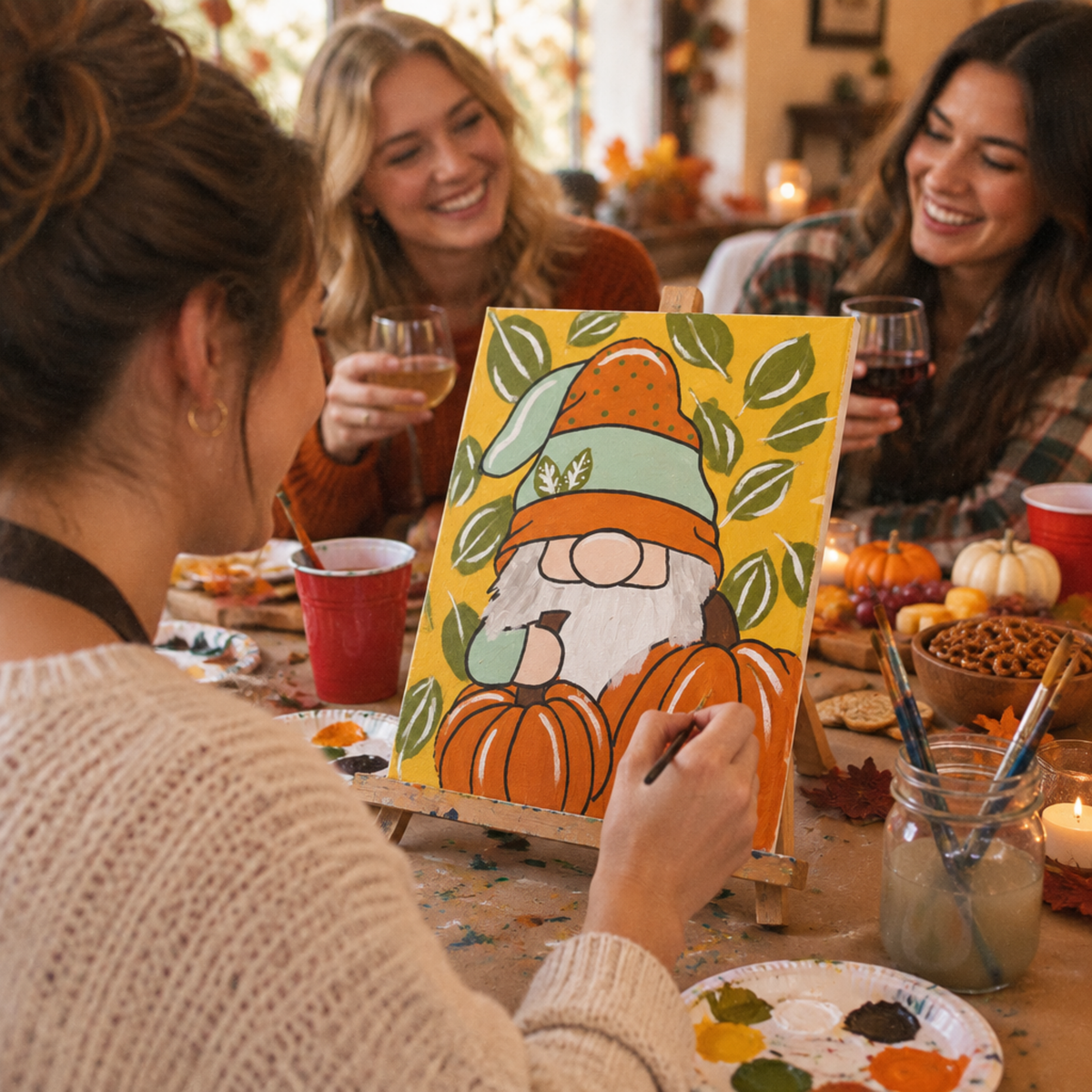 Pumpkin Gnome Fall DIY Paint Kit painted at a cozy fall paint party with friends.