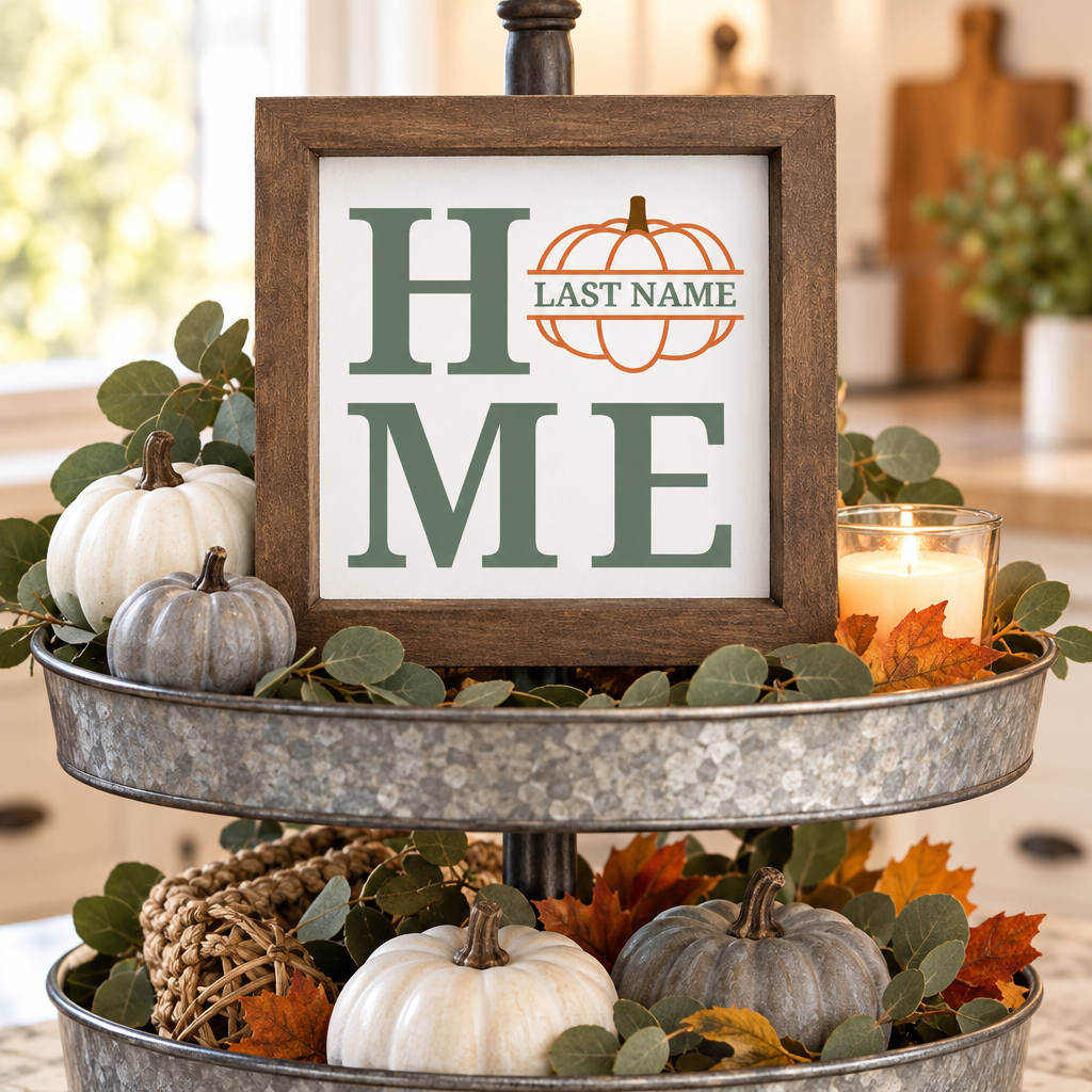 Pumpkin Home Shelf Sitter with personalized family name displayed on a farmhouse tiered tray with mini pumpkins, greenery and candle.