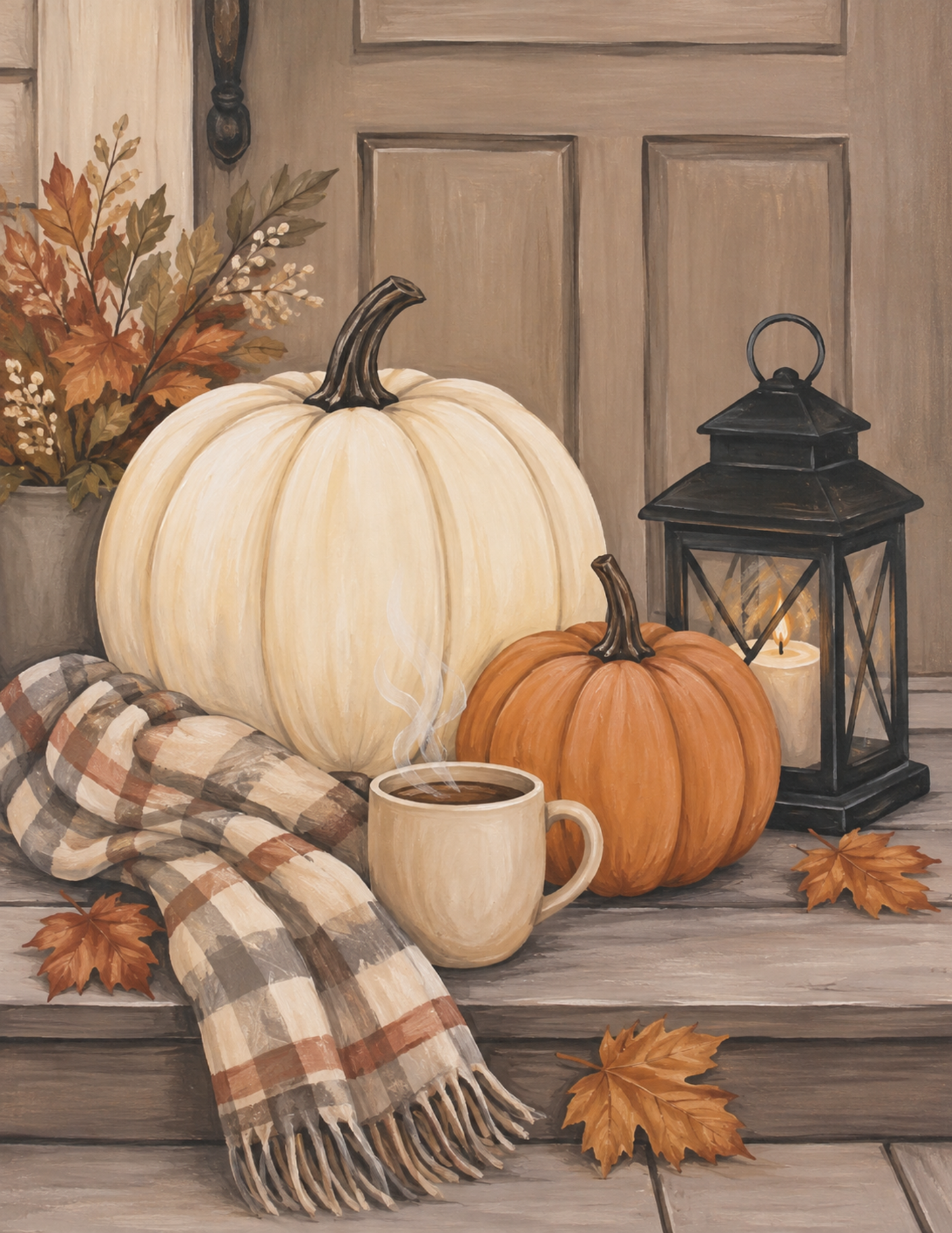Colorful Pumpkin Lantern fall painting with pumpkins, plaid blanket, steaming coffee, lantern, and autumn leaves