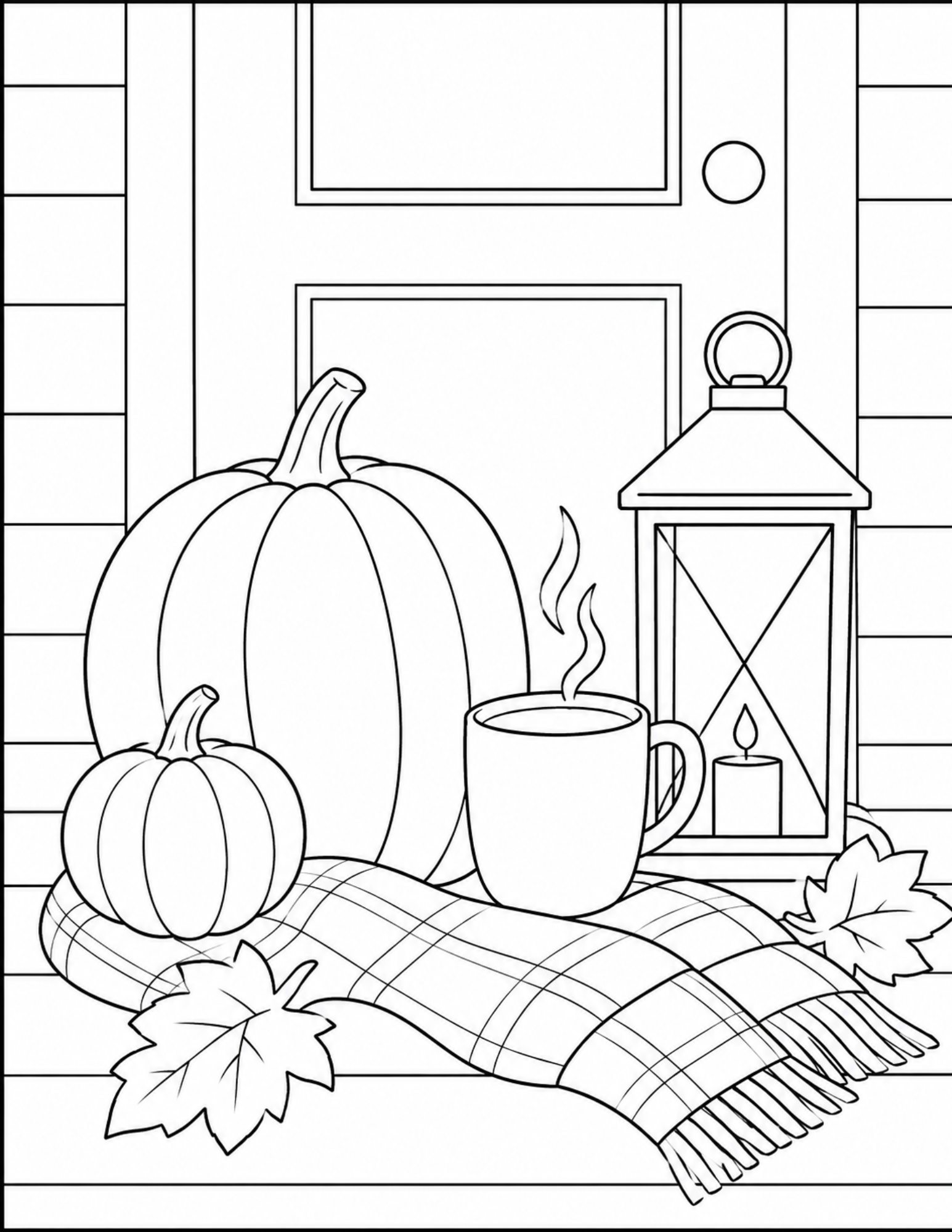 Black-and-white Pumpkin Lantern fall paint kit tracer with pumpkins, plaid blanket, coffee mug, lantern, and autumn leaves
