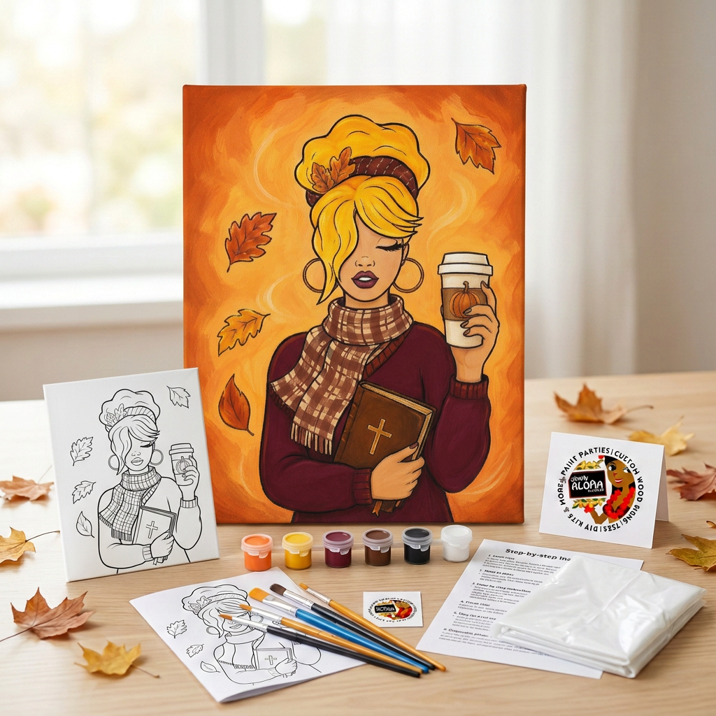 Pumpkin Latte Fall DIY Paint Kit mockup featuring a woman holding a latte and Bible, with outline design, paints, brushes, instructions, apron