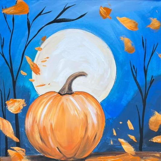 Finished pumpkin and moon paint kit canvas with orange pumpkin and glowing harvest moon on a deep blue sky with falling leaves, DIY fall paint kit 