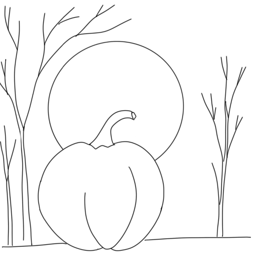 Pre-sketched tracer canvas of a pumpkin under a full moon with bare trees, Halloween DIY paint kit 