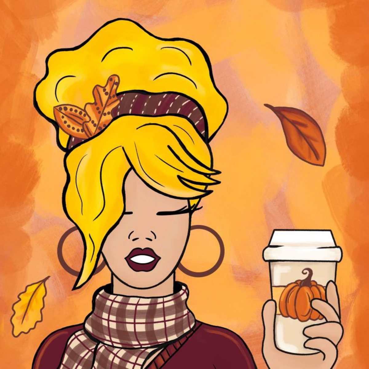 Fall DIY paint kit pumpkin spice girl canvas painting featuring a woman in a yellow knit hat, plaid scarf, and burgundy sweater holding pumpkin coffee.
