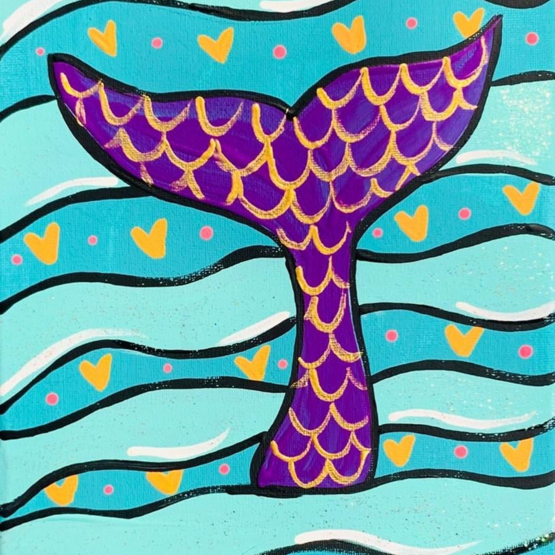 A vibrant purple and gold mermaid tail splashing in teal ocean waves with yellow hearts and pink dots.