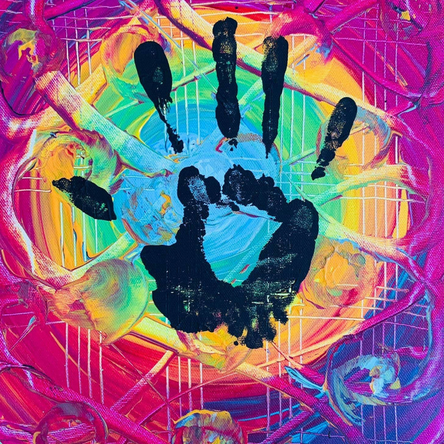 A black handprint silhouette in the center of a vibrant, multi-colored rainbow swirl background with grid textures.