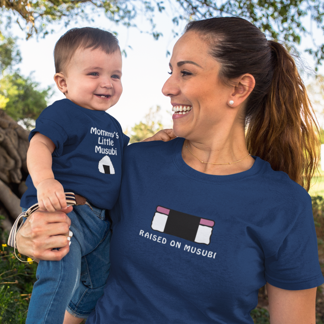 Raised on Musubi matching mommy and me featuring adult Raised on Musubi tees and matching Mommy's Little Musubi kids shirts and infant onesies.