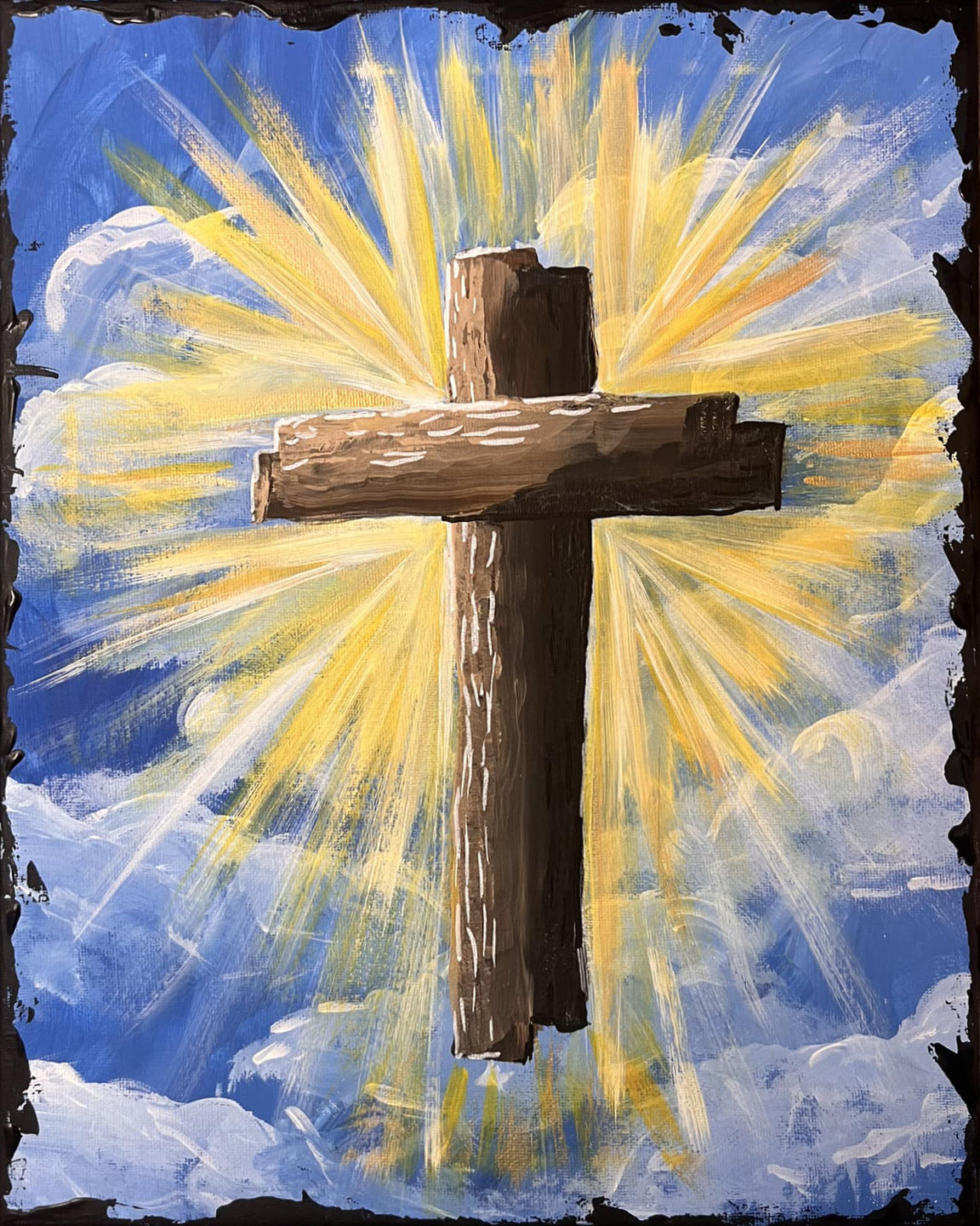 Rugged Cross completed DIY canvas painting, wooden cross with radiating yellow light on blue sky background