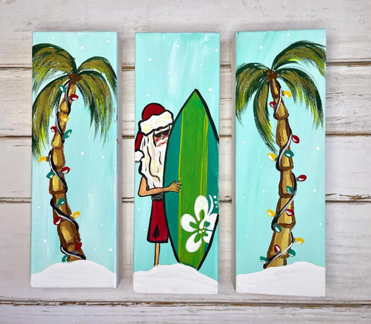 Santa Claus surfing a wave at Waikiki Beach with palm trees-tropical Christmas paint party kit