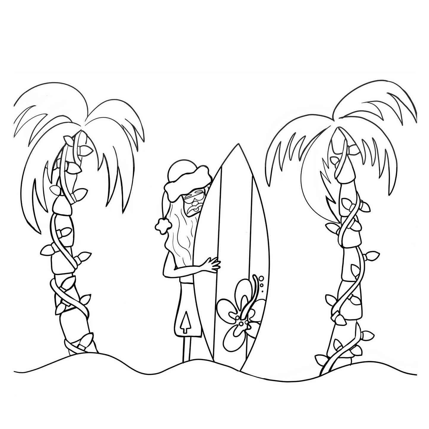 Line drawing of a person with a surfboard between palm trees on a white background