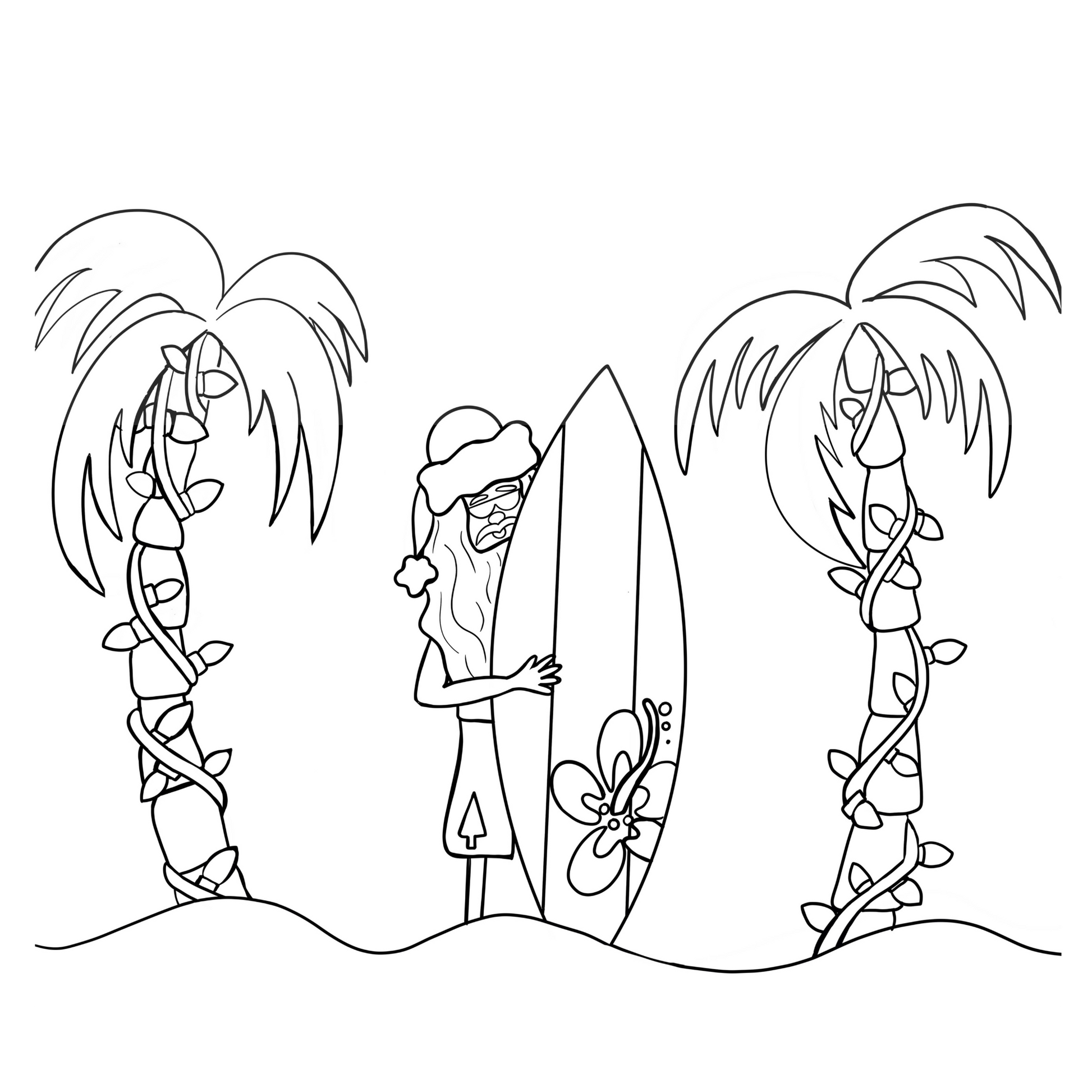 Line drawing of a person with a surfboard between palm trees on a white background