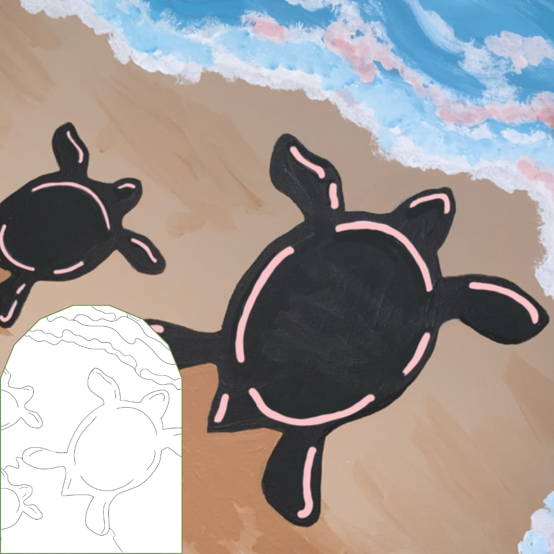 Two sea turtles walking on a sandy beach toward the ocean art design.