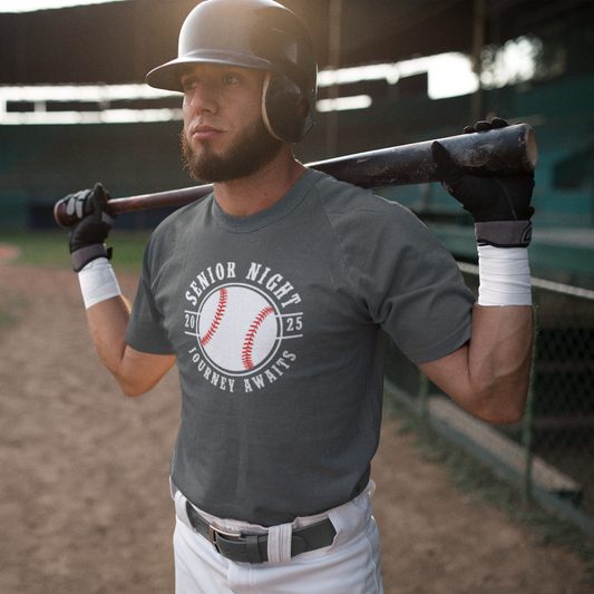 Front view of a custom baseball and softball senior night t-shirt for high school athletes. Features a graphic representing the sport, the year 2025, and the text "Senior Night: The Journey Awaits." The shirt is available in black and grey.