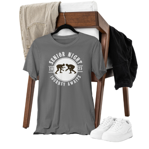 Custom swim team senior year night tee with personalized name and jersey number, perfect for celebrating senior year at the gym or your school pool.
