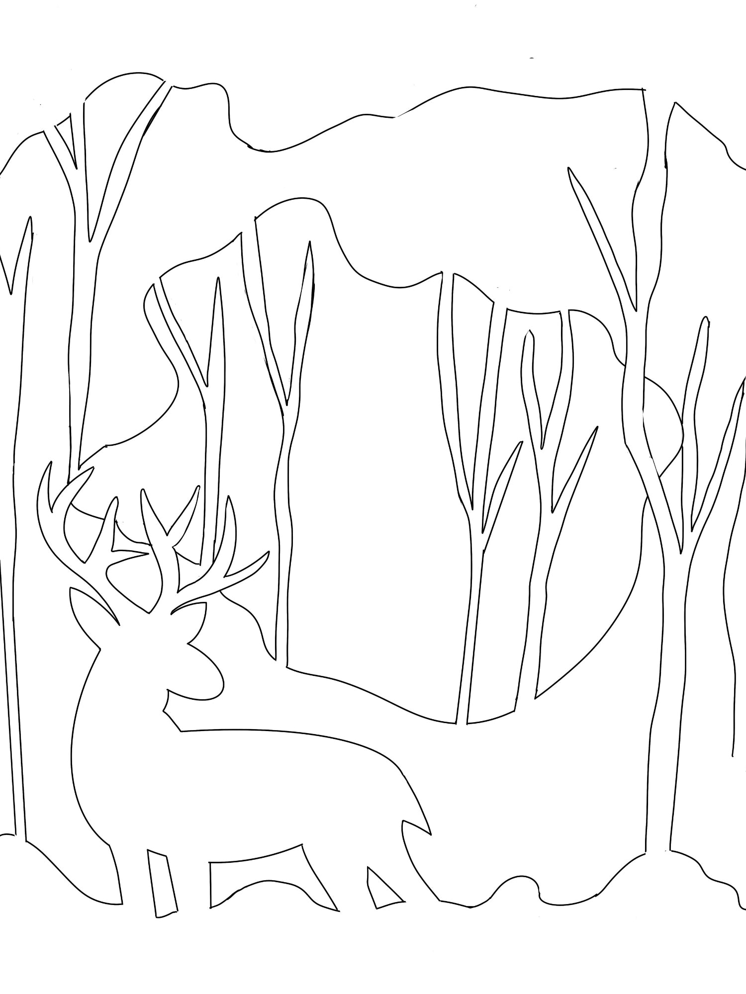 Outline of a deer in a forest setting with trees and bushes.
