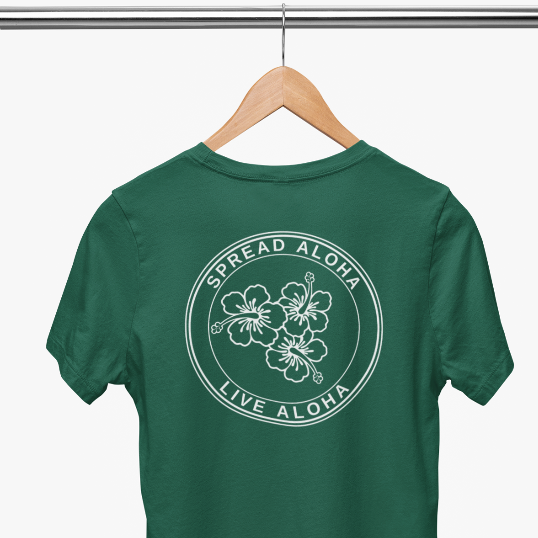 Simply Aloha On The Go sustainable back side of the t-shirt, in green color handmade in the USA with eco-friendly materials, showcasing a Hawaiian-inspired design. 