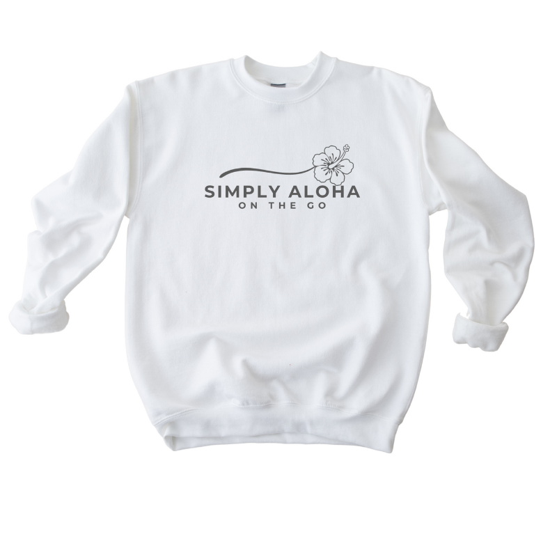 White sweatshirt with Simply Aloha on the Go text and hibiscus flower design on a white background