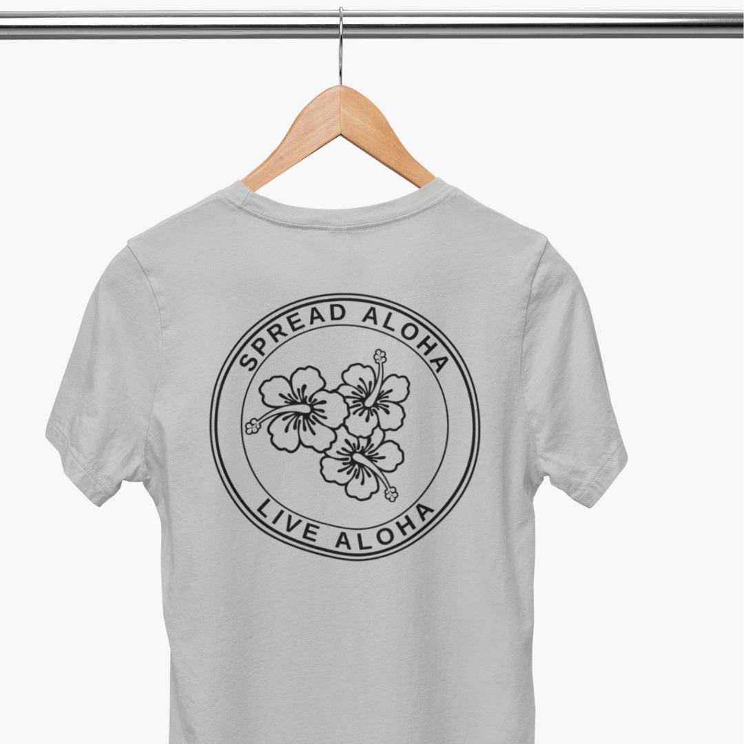 Back view of a Double-Sided Simply Aloha On The Go™ T-Shirt in grey color-spread aloha live aloha printed. This shirt is more than just a word it's a way of living. Available in 8 colors of Hawaii and sizes