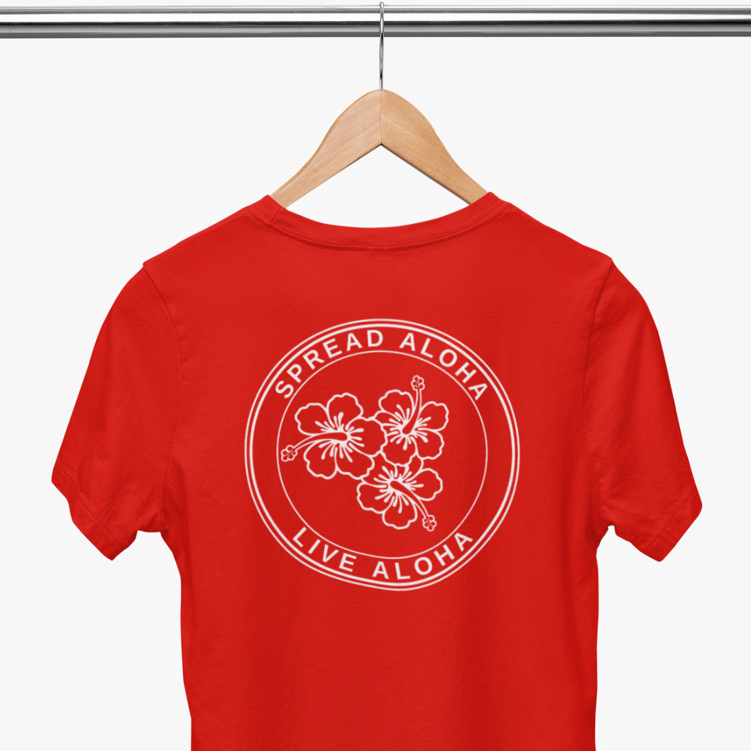 Back view of a Double-Sided Simply Aloha On The Go™ T-Shirt in red color-spread aloha live aloha printed. This shirt is more than just a word it's a way of living. Available in 8 colors of Hawaii and sizes