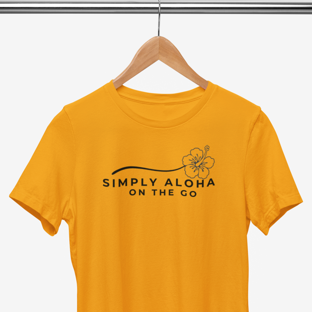 Front view of a Double-Sided Simply Aloha On The Go™ T-Shirt in orange color-spread aloha live aloha printed. This shirt is more than just a word it's a way of living. Available in 8 colors of Hawaii and sizes