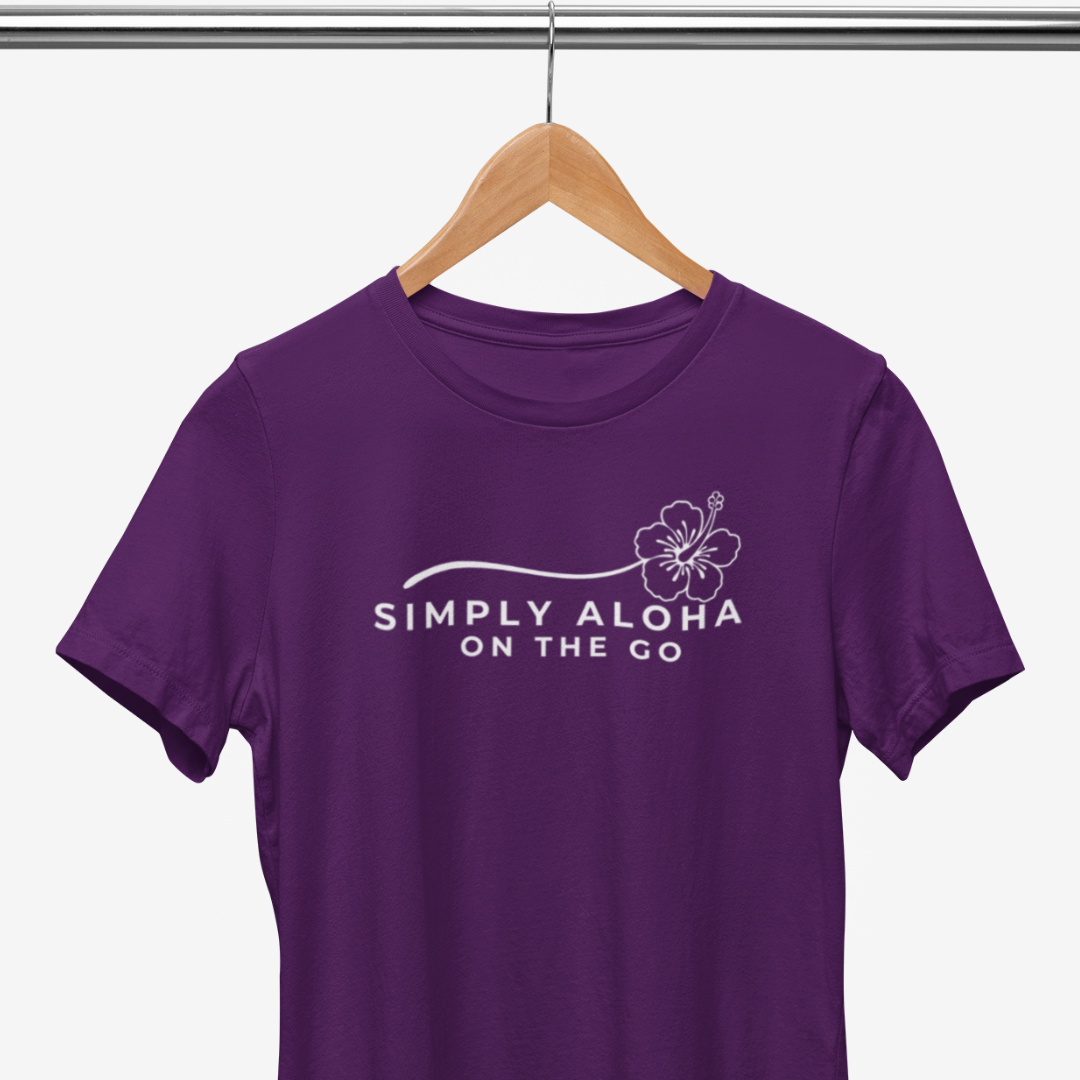 Front view of a double-sided Simply Aloha On The Go™ tee in purple–this shirt is more than just a word it's a way of living.  Available in 8 colors of Hawaii and sizes
