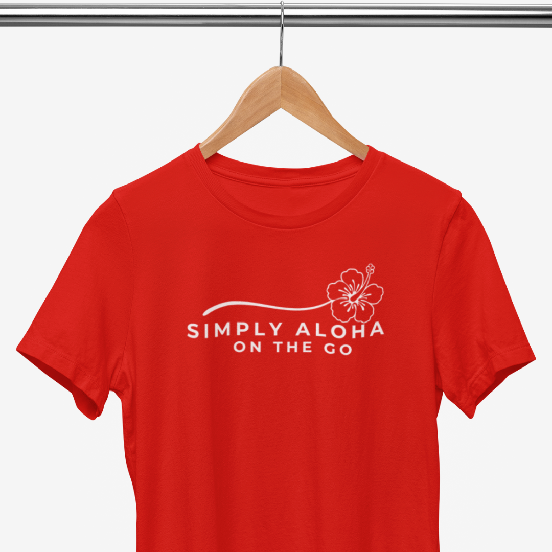 Front view of a double-sided Simply Aloha On The Go™ in red Tee–this shirt is more than just a word it's a way of living.  Available in 8 colors of Hawaii and sizes