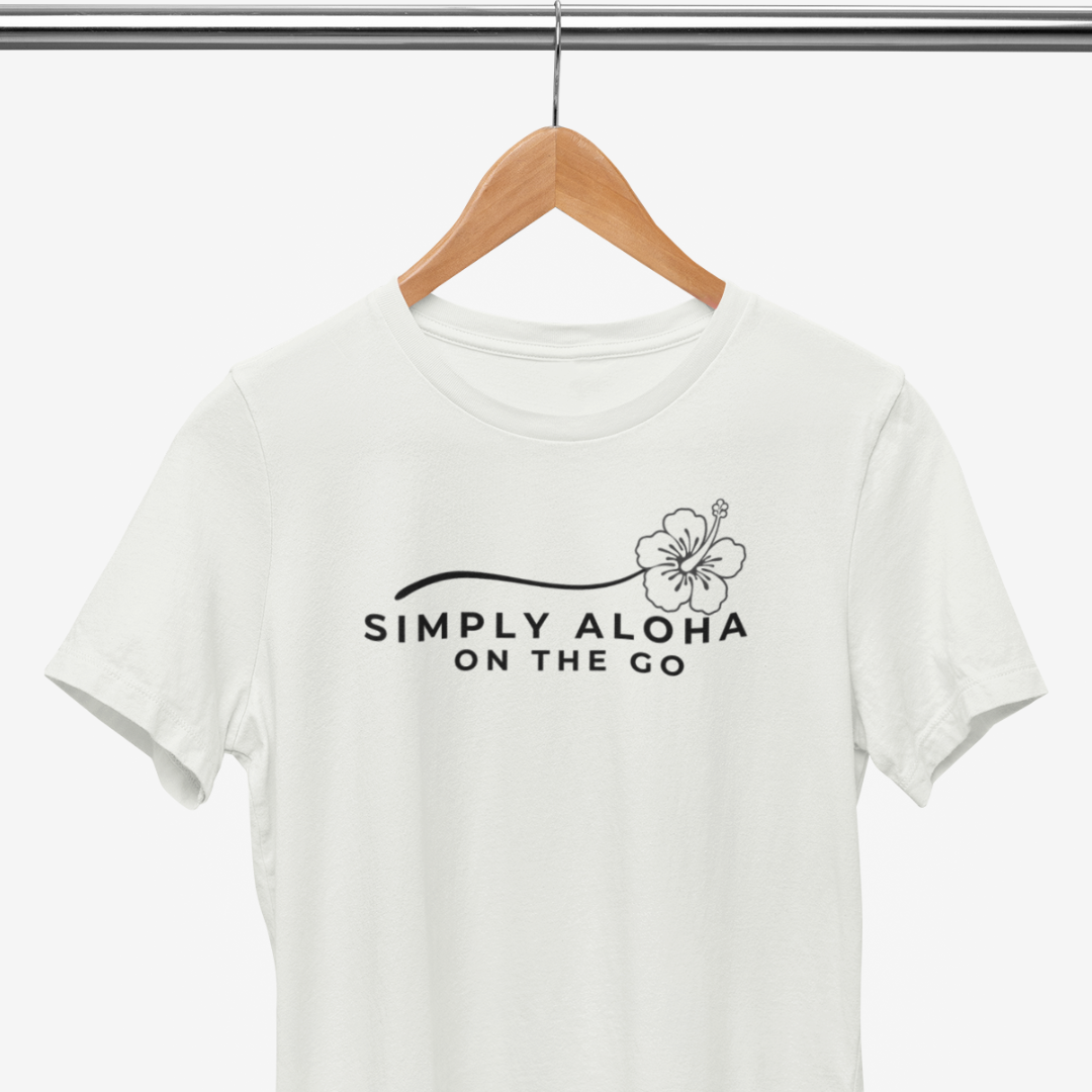 Front view of a double-sided Simply Aloha On The Go™ tee in white-this shirt is more than just a word it's a way of living.  Available in 8 colors of Hawaii and sizes