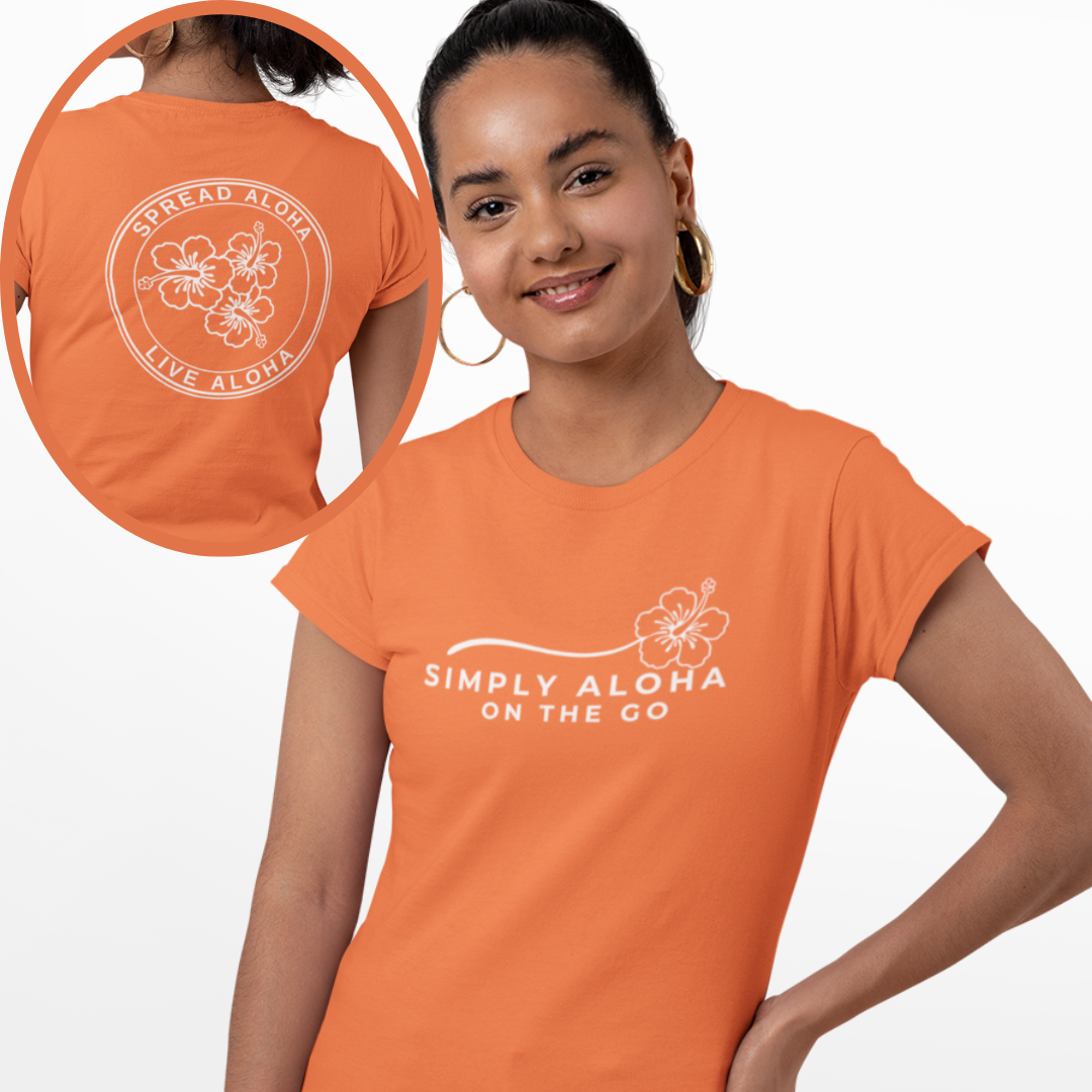 Simply Aloha On The Go sustainable t-shirt, in ornage color handmade in the USA with eco-friendly materials, showcasing a Hawaiian-inspired design. 