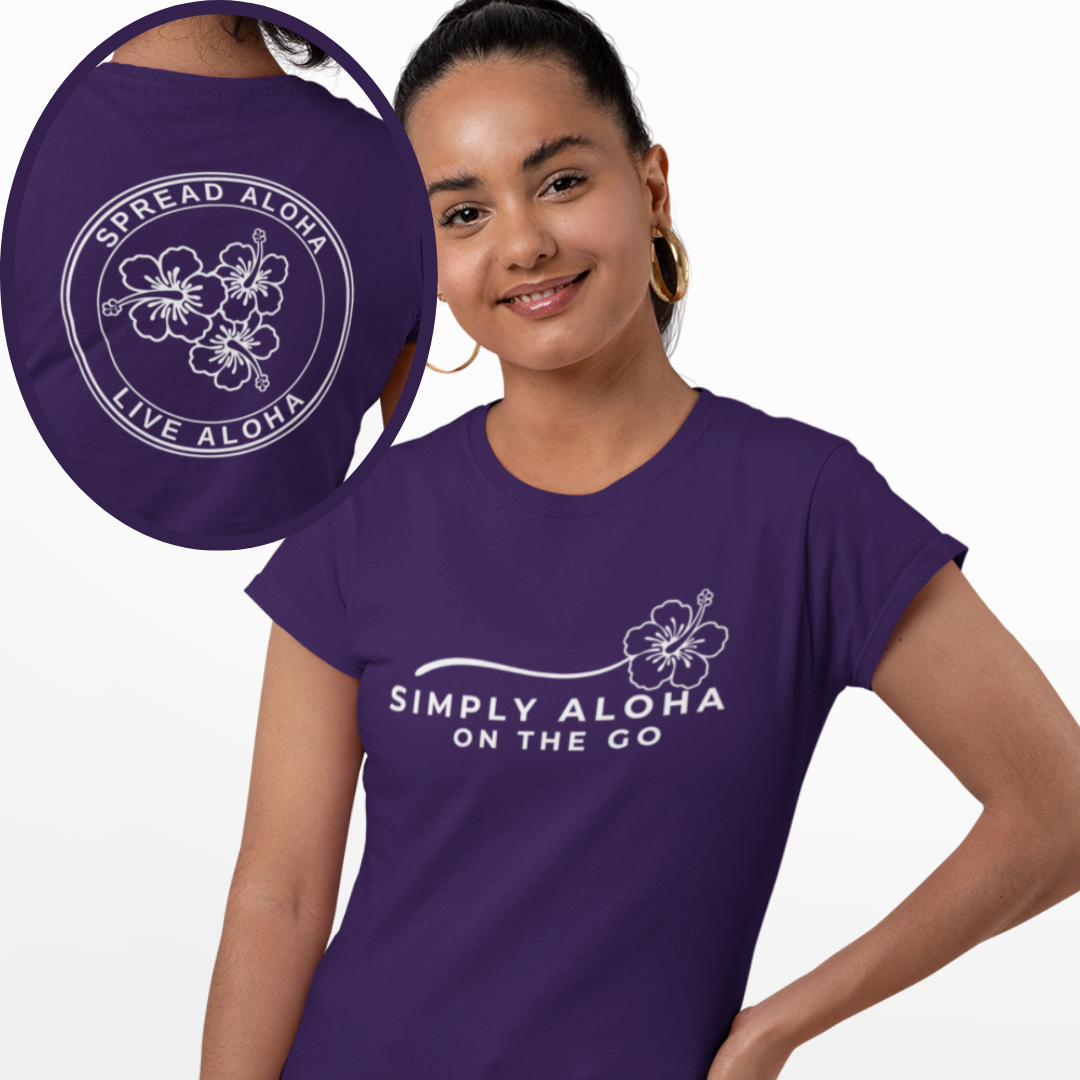 Simply Aloha On The Go sustainable t-shirt, in blue color handmade in the USA with eco-friendly materials, showcasing a Hawaiian-inspired design. 