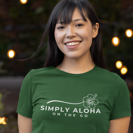 Simply Aloha On The Go sustainable t-shirt, in green color handmade in the USA with eco-friendly materials, showcasing a Hawaiian-inspired design. 