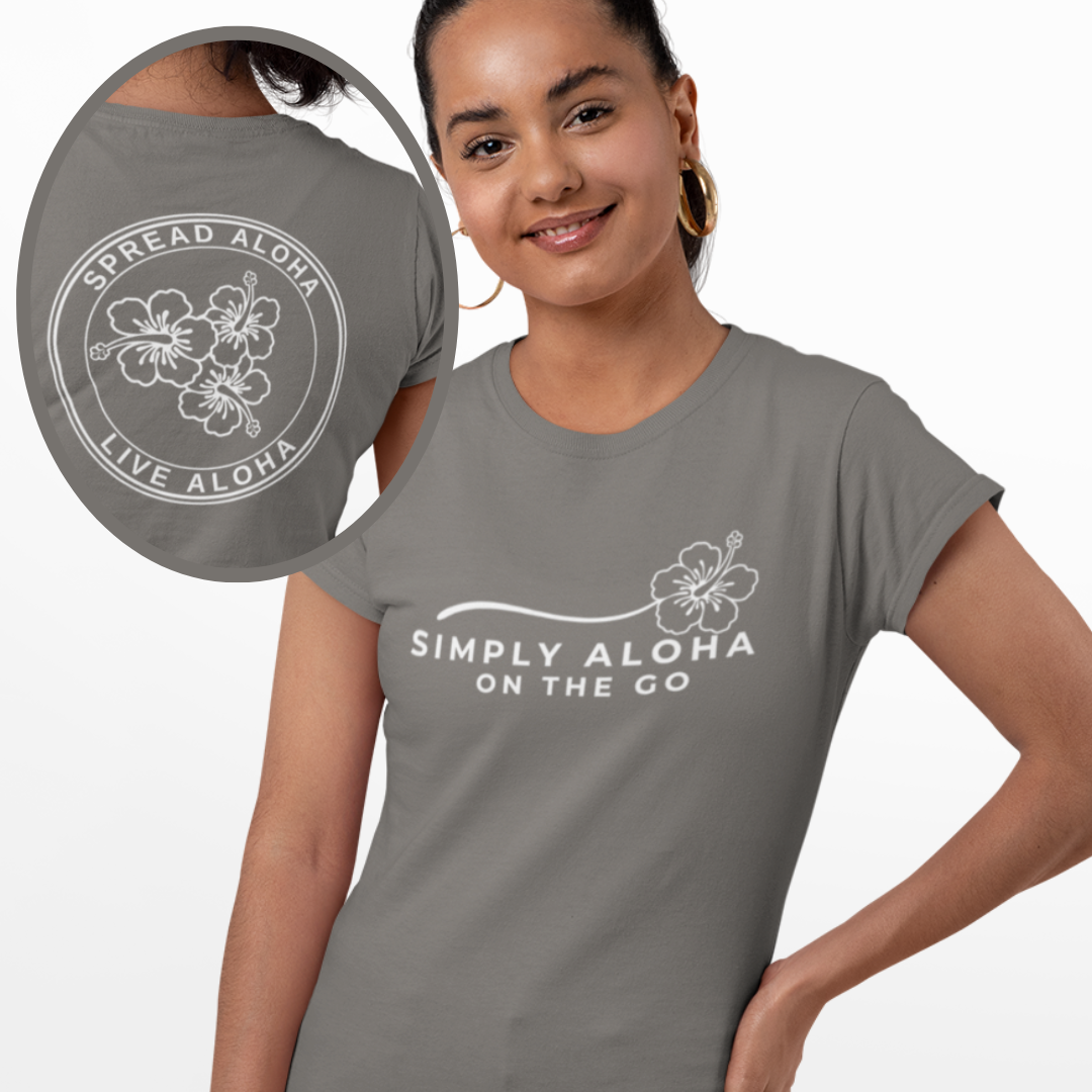 Simply Aloha On The Go sustainable t-shirt, in grey color handmade in the USA with eco-friendly materials, showcasing a Hawaiian-inspired design. 