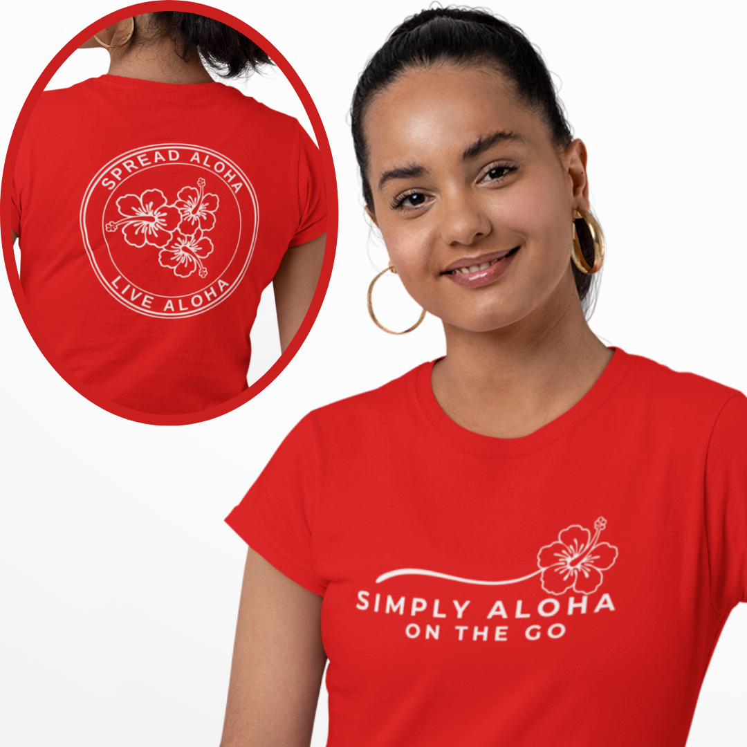 Simply Aloha On The Go sustainable t-shirt, in red color handmade in the USA with eco-friendly materials, showcasing a Hawaiian-inspired design. 