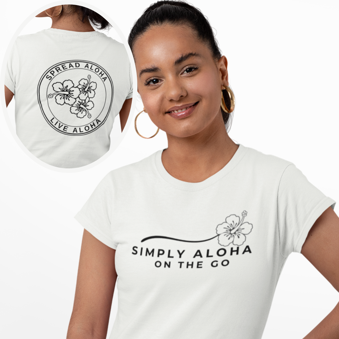 Simply Aloha On The Go sustainable t-shirt, in white color handmade in the USA with eco-friendly materials, showcasing a Hawaiian-inspired design. 