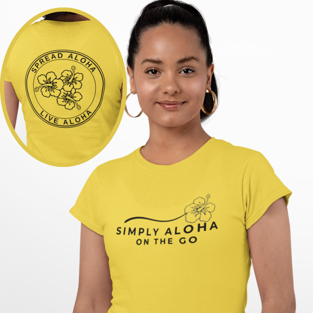 Simply Aloha On The Go sustainable t-shirt, in yellow color handmade in the USA with eco-friendly materials, showcasing a Hawaiian-inspired design. 